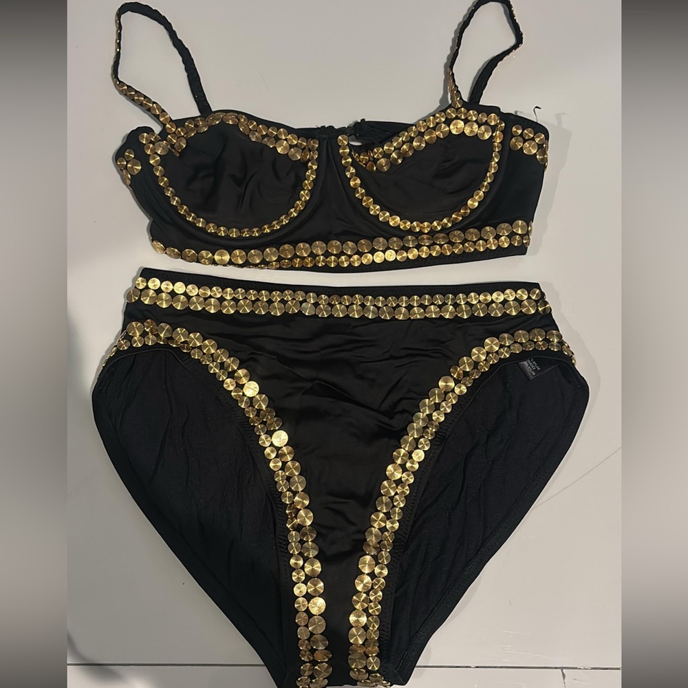 Black and Gold Embellished Bikini Set